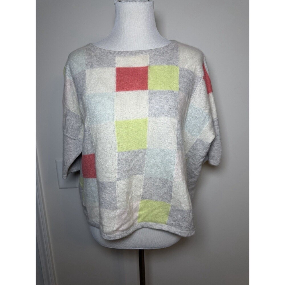 PURE Collection Cashmere Color Block Patch Short Sleeve Sweater Sz 8 / 10 Medium